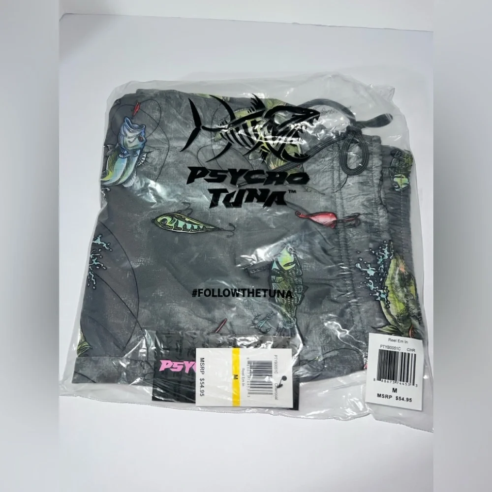 NWT Psycho Tuna Medium Reel Em In Fish Charcoal Print Board Shorts Swim Trunks‎